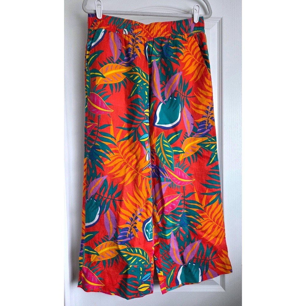 C&C California 100% Linen Tropical Print Wide Leg High Rise Pants Red Multi Sz L
